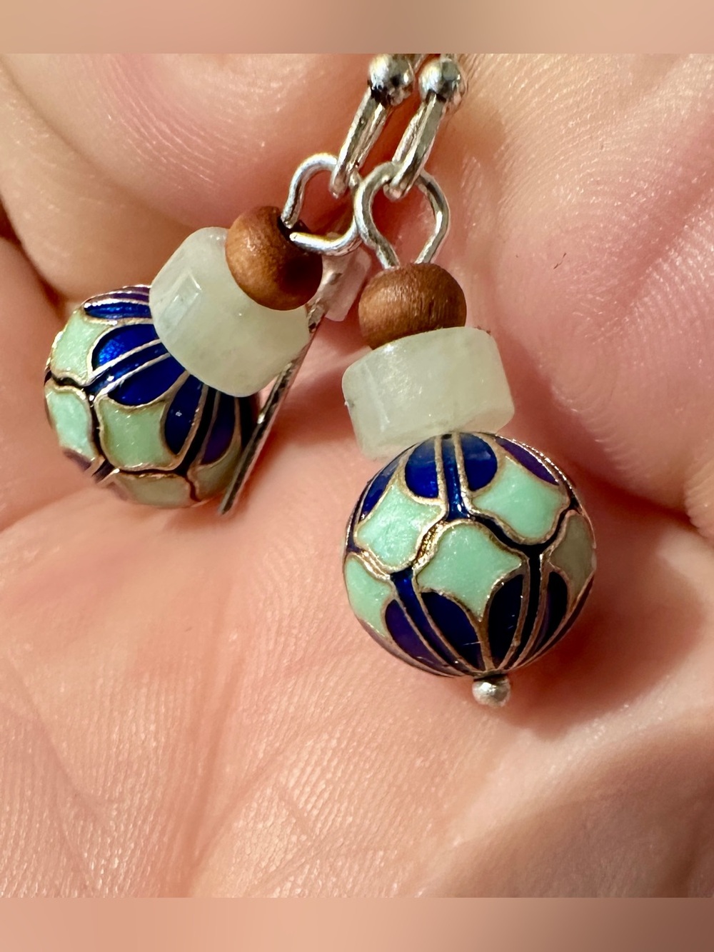 Vintage Artisan Cloisonné Blue & Mint Drop Earrings with Wood Accent